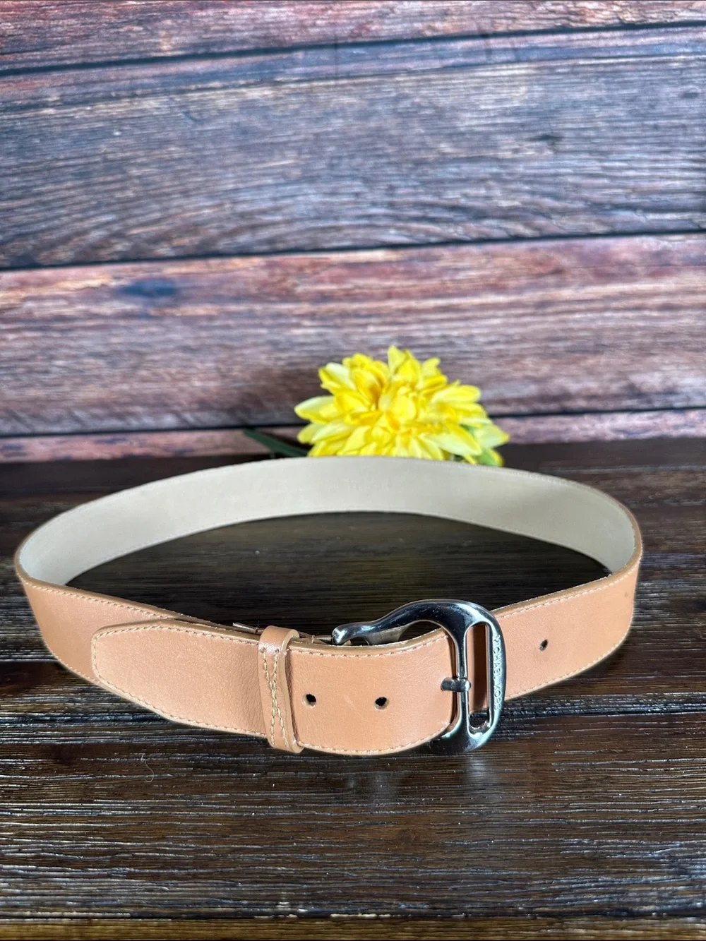 Michael Kors Tan Leather Belt with Sculpted Brushed Silver Buckle